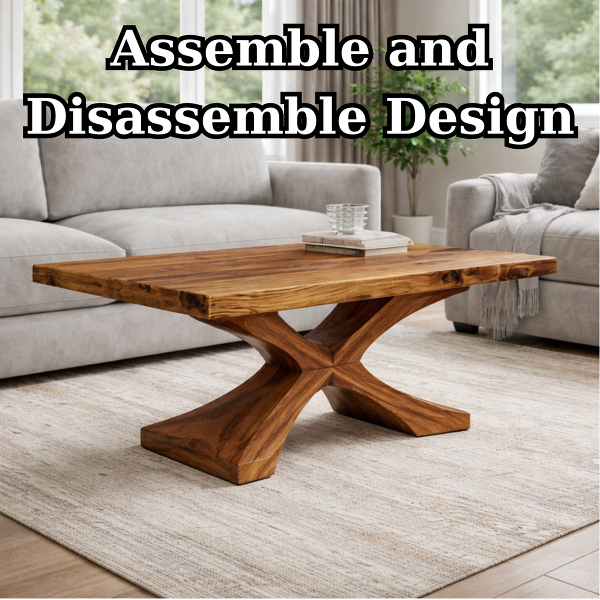 Solid Wood Coffee Table with Sculptural X Base – Modern Rustic Living Room Table - view 8 of 9