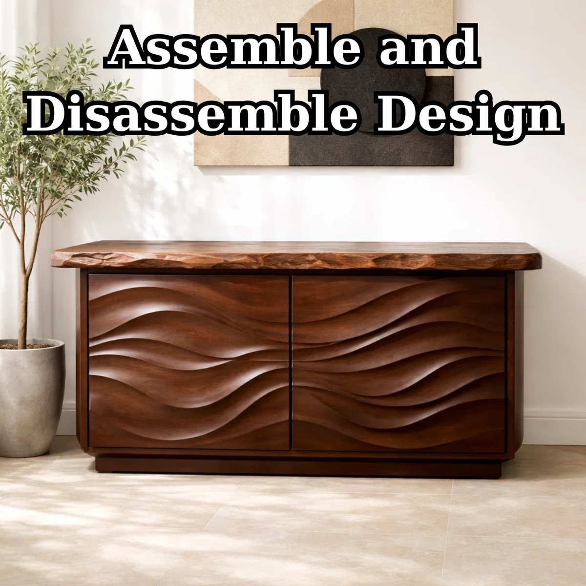 Solid Wood Console Table with Carved Wave Doors – Modern Sculptural Entryway Cabinet - view 8 of 9