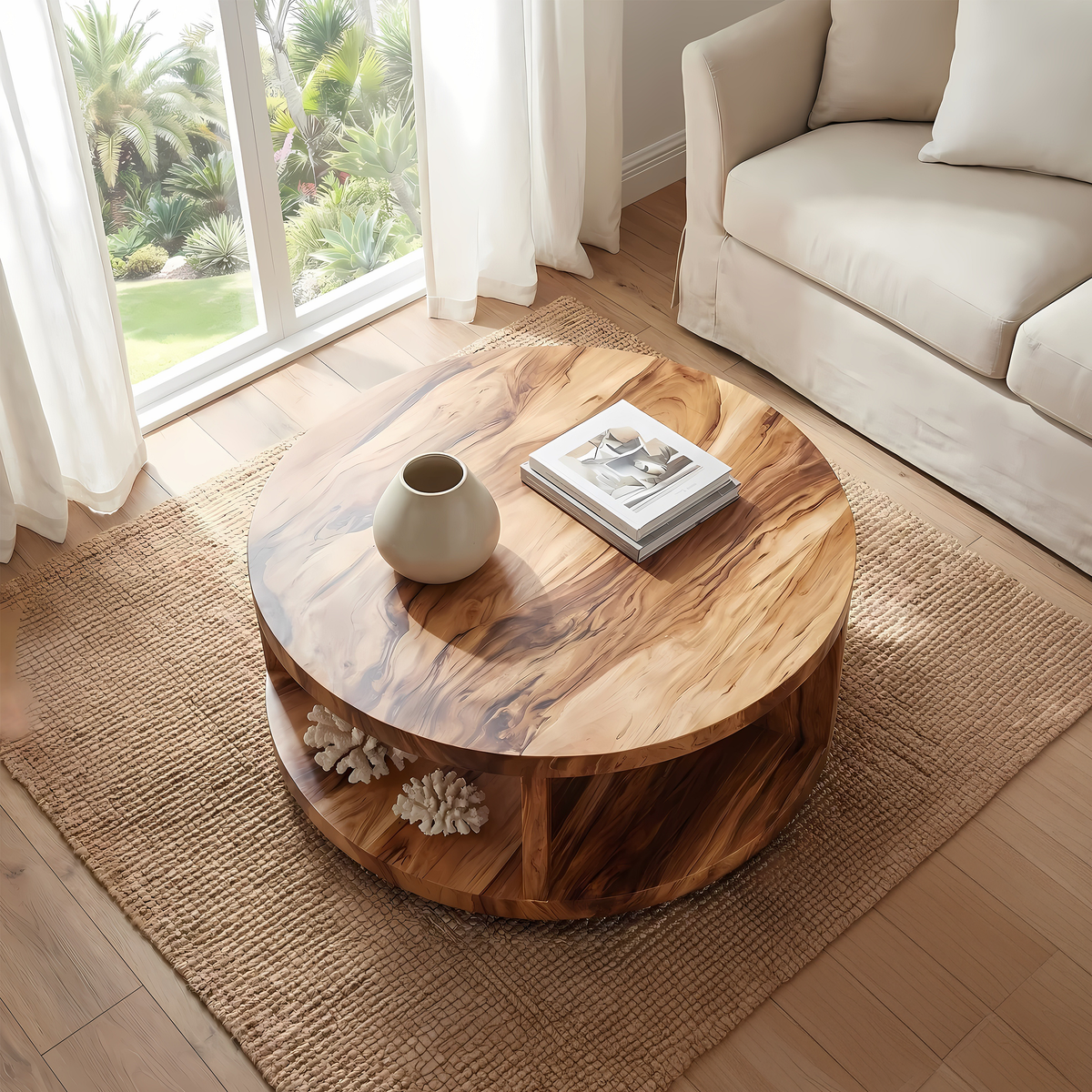 Round Solid Wood Coffee Table with Open Shelf Storage - view 4 of 7