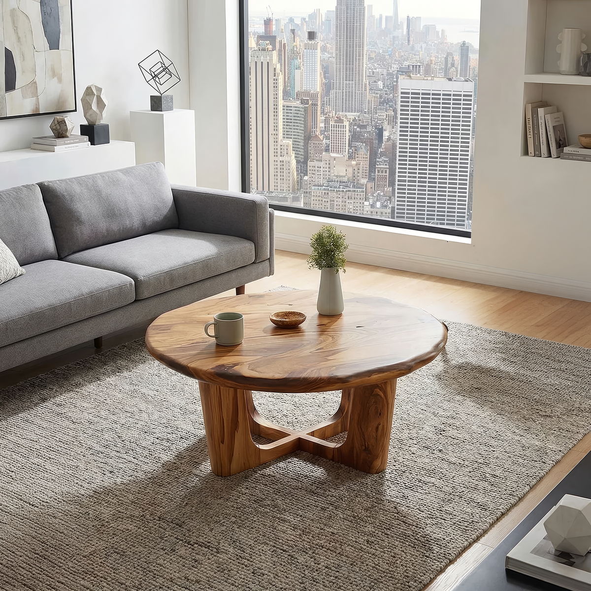 Round Live Edge Coffee Table with Open Cross Base Design - view 4 of 7
