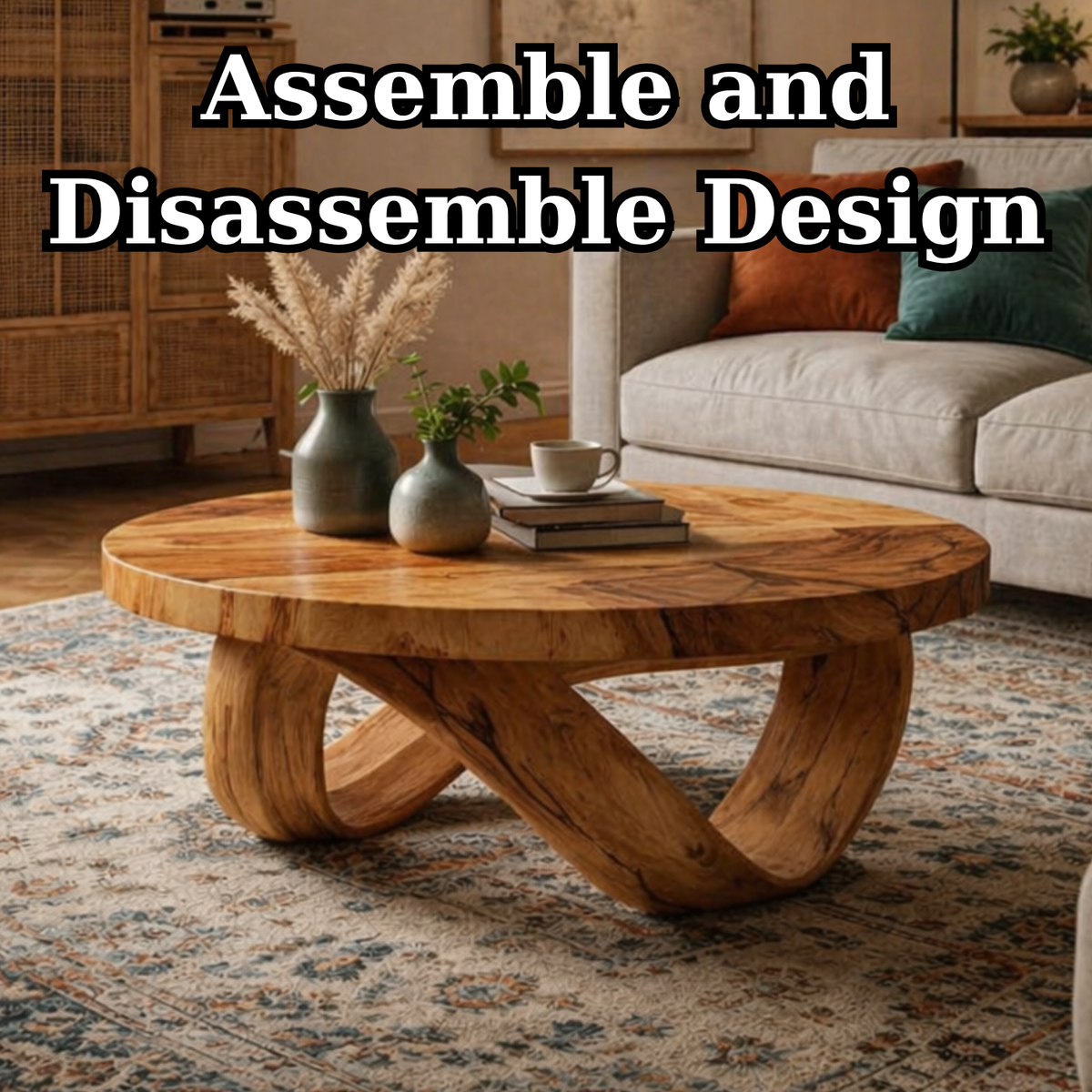 Round Solid Wood Coffee Table with Sculptural Curved Base in Warm Walnut Tone - view 8 of 9