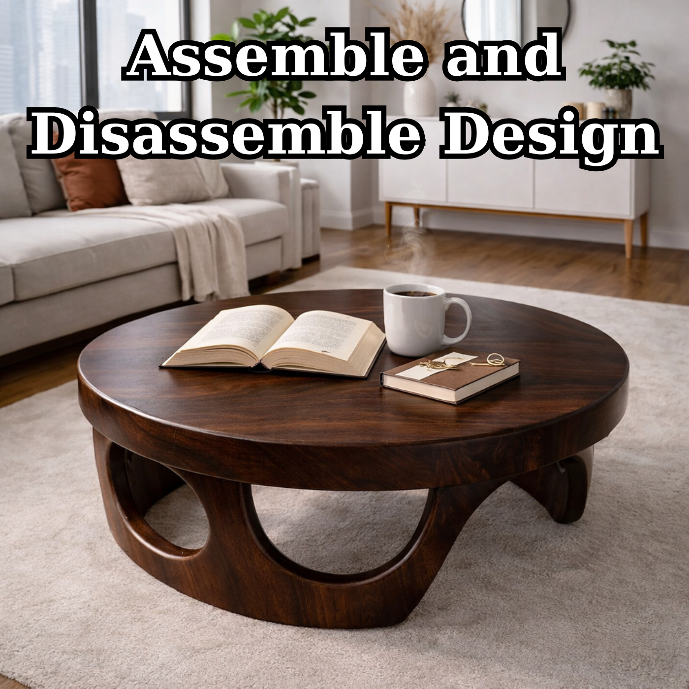 Round Solid Wood Coffee Table with Sculptural Base and Rich Walnut Finish - view 8 of 9