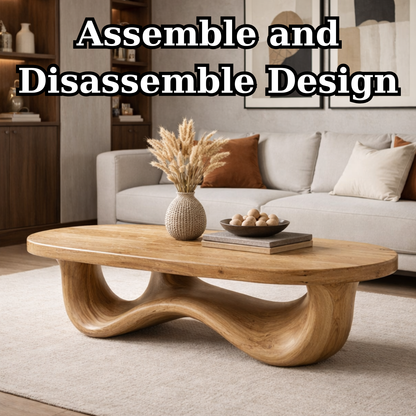 Solid Wood Oval Coffee Table with Sculptural Wave Base and Rustic Walnut Finish - view 8 of 9