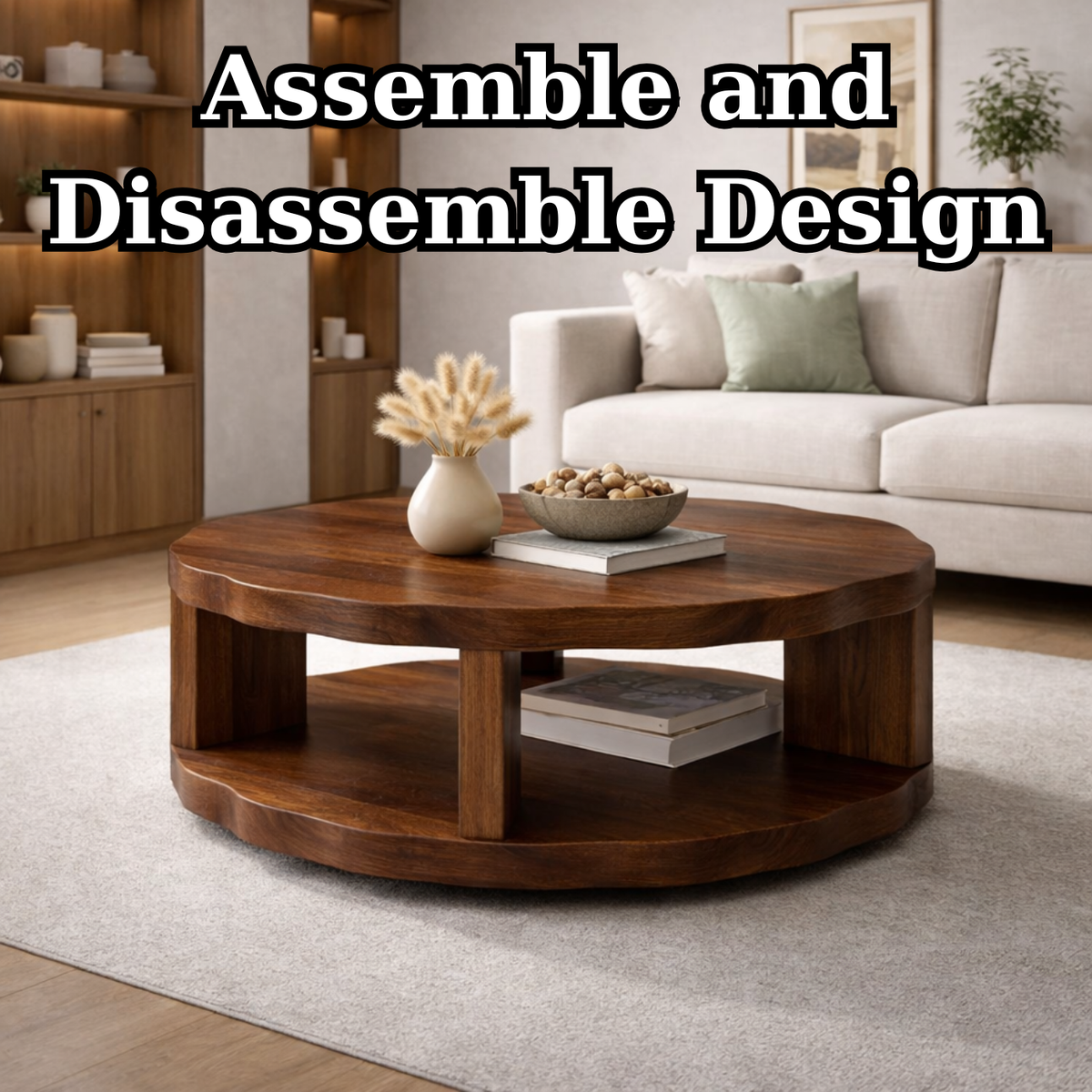 Round Solid Wood Coffee Table with Storage Shelf and Thick Slab Design - view 8 of 9