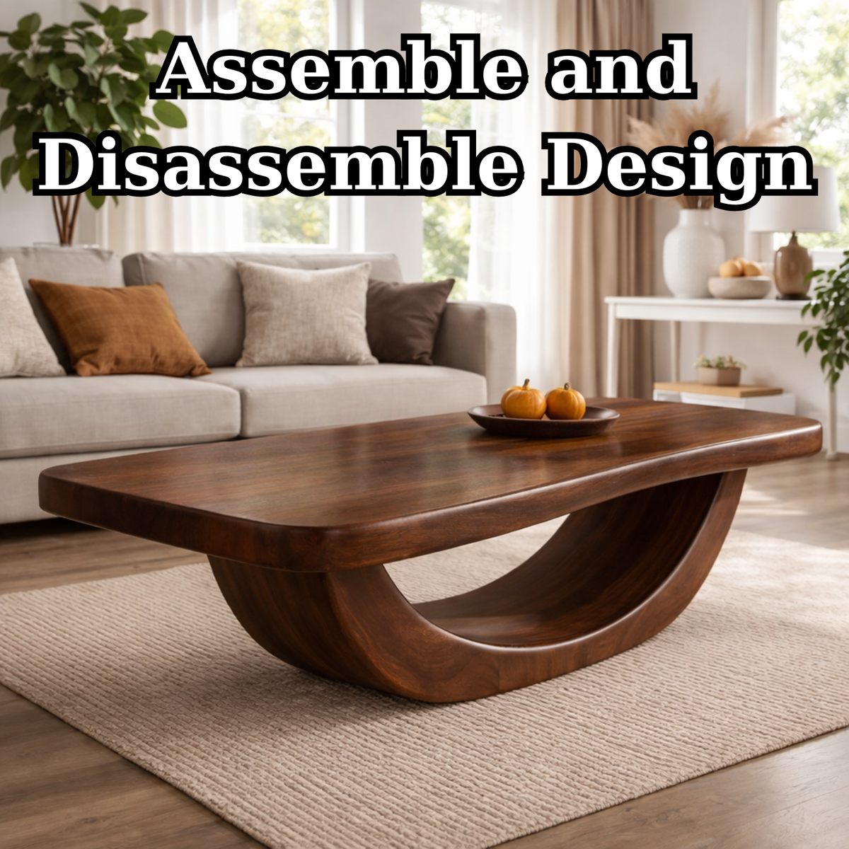 Solid Wood Coffee Table with Curved Sculptural Base and Thick Slab Top - view 8 of 9
