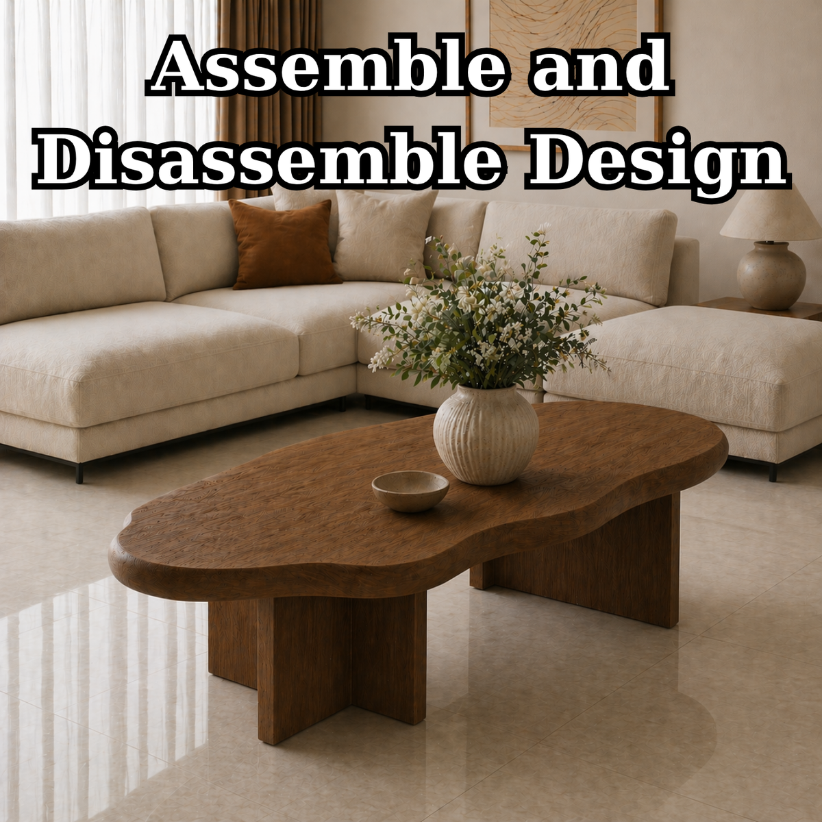 Solid Wood Coffee Table with Organic Shape and Thick Block Base - view 8 of 9