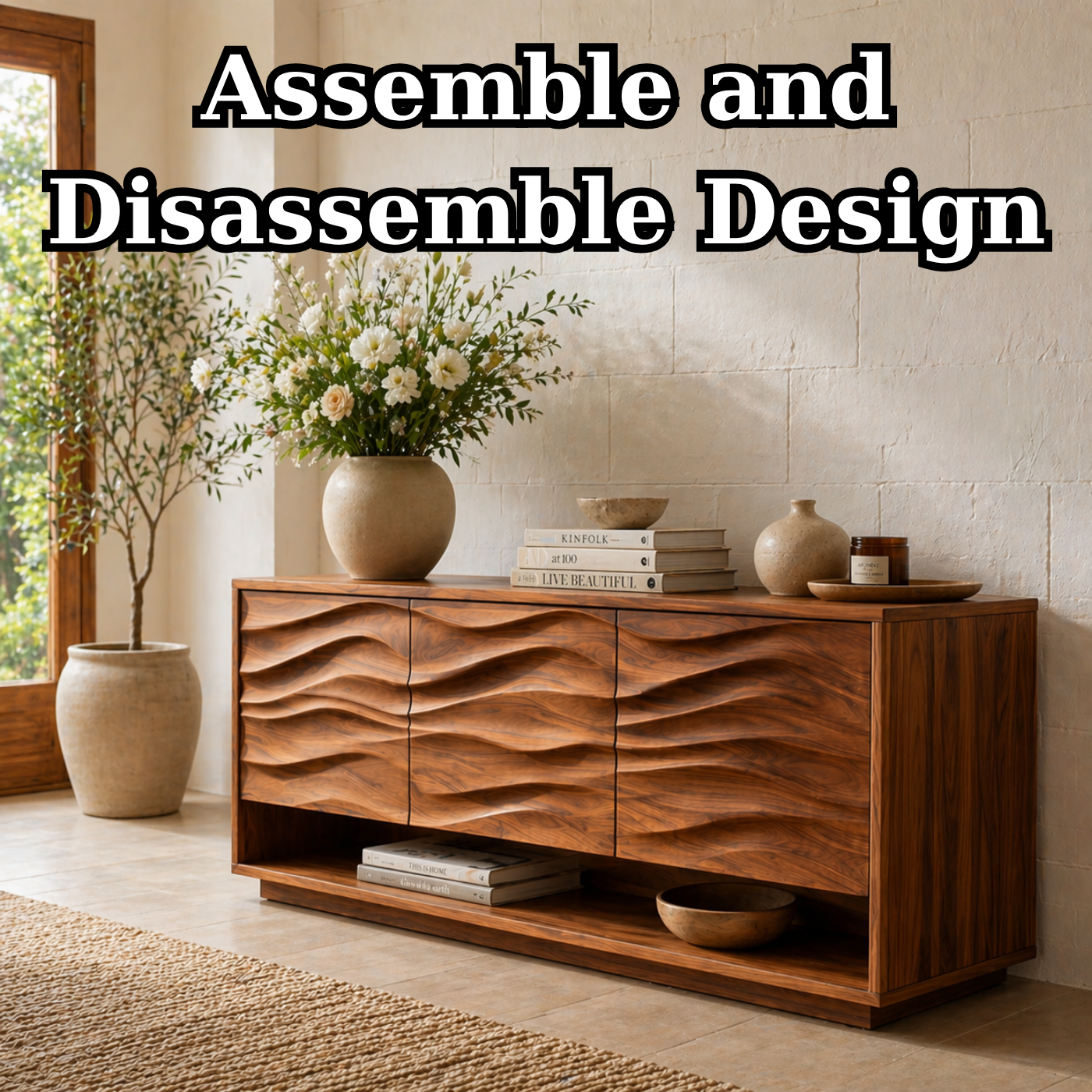 Solid Wood Console Table with Wave Carved Doors and Open Shelf in Walnut Finish - view 8 of 9