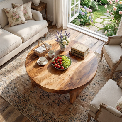 Round Solid Wood Coffee Table with Sculptural Block Base - view 3 of 7