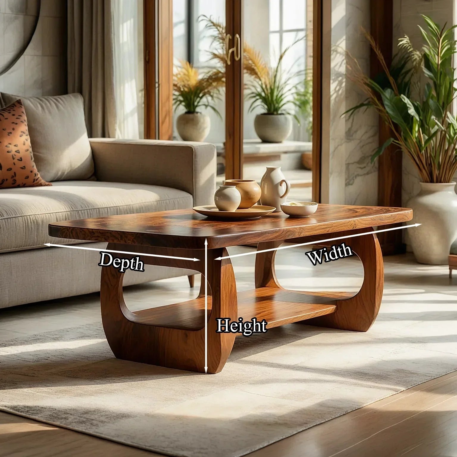 Natural Wood Coffee Table with Sculpted Open Frame Base and Shelf - view 7 of 7