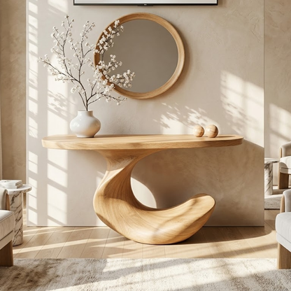 Solid Wood Console Table with Sculpted Curved Base, Modern Minimalist Design - view 1 of 7