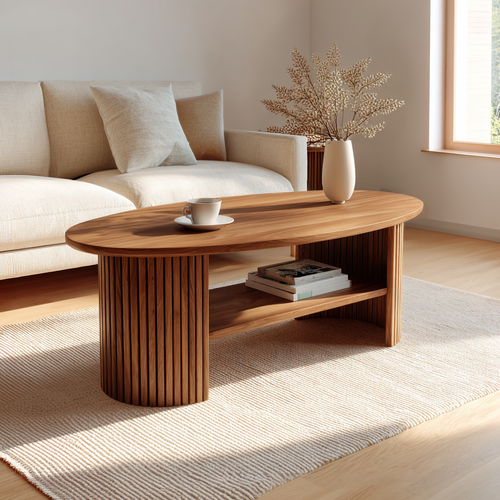 Oval Coffee Table with Fluted Base and Open Shelf Design - view 1 of 7