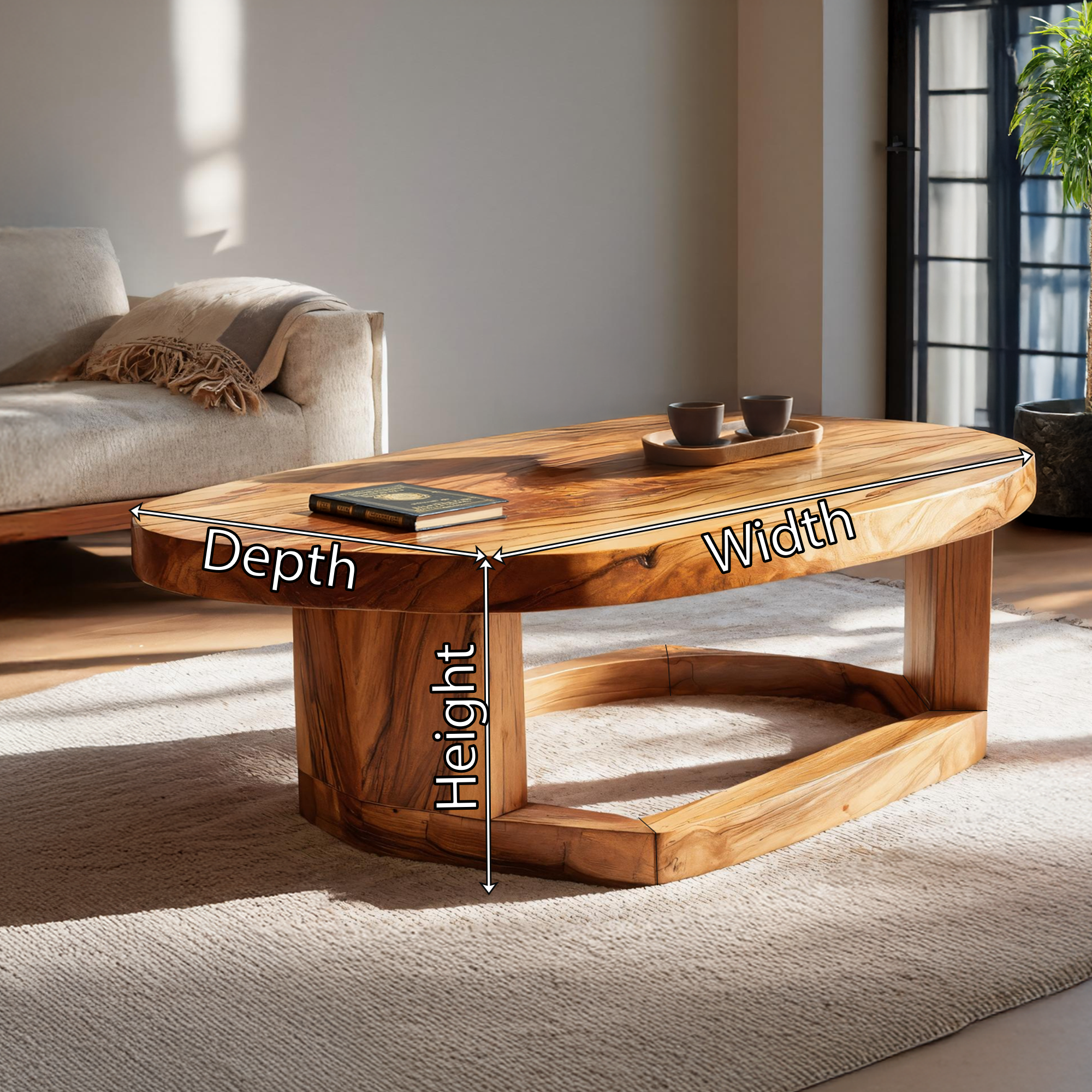Solid Wood Oval Coffee Table handcrafted Natural Wood Living Room Table with Sculptural Base - view 7 of 7