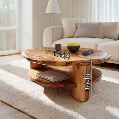 Round Solid Wood Coffee Table with Shelf Handcrafted Natural Wood Living Room Table - view 7 of 7