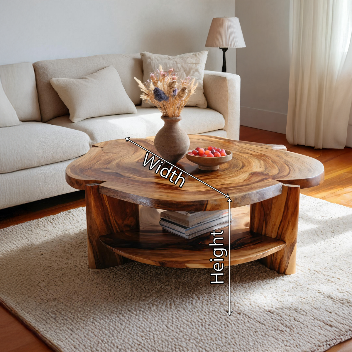 Live Edge Round Solid Wood Coffee Table Natural Wood Center Table with Shelf - view 7 of 7