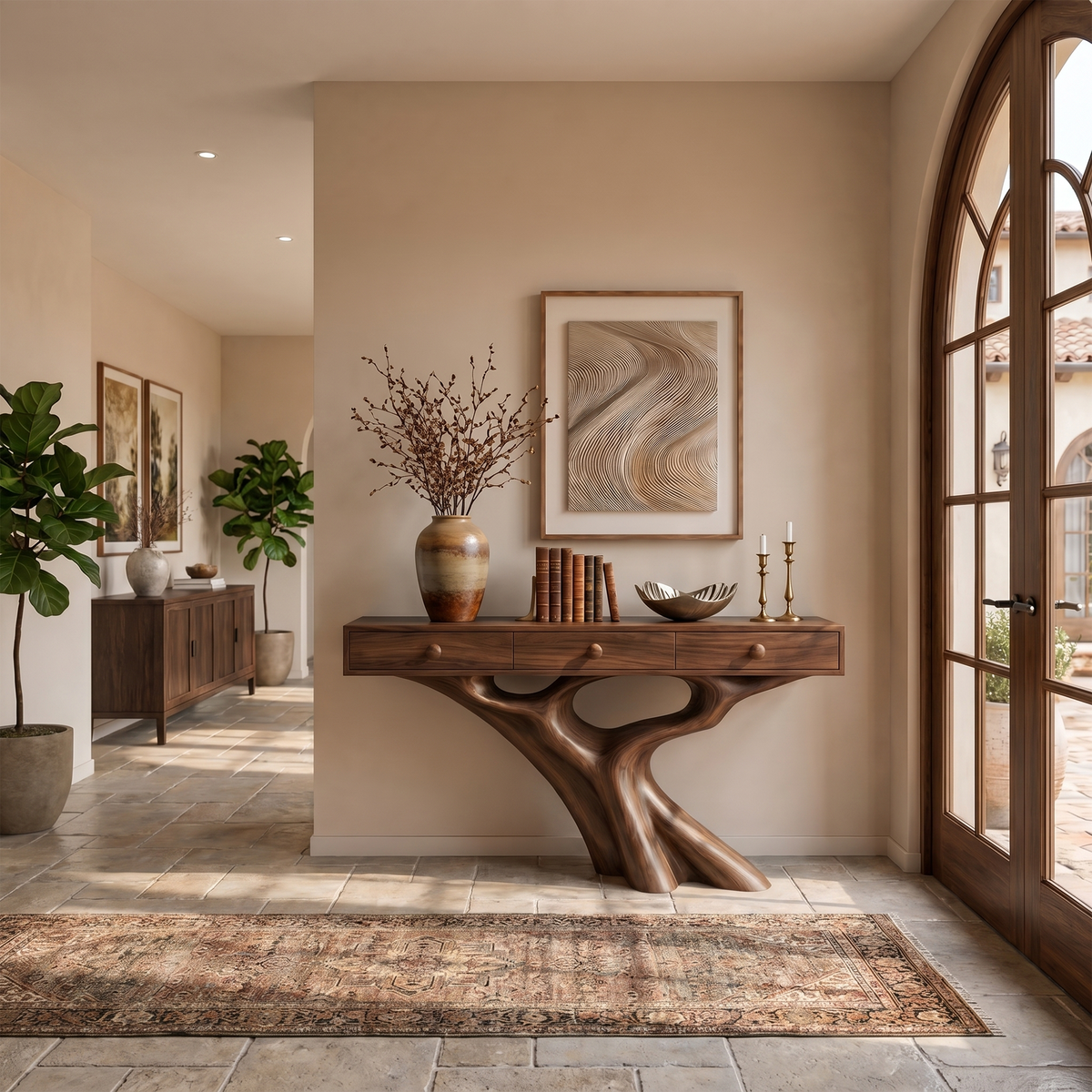 Organic Console Table With Built In Storage Cabinet And Sculptural Curved Wood Base For Entryway And Living Room - view 7 of 8