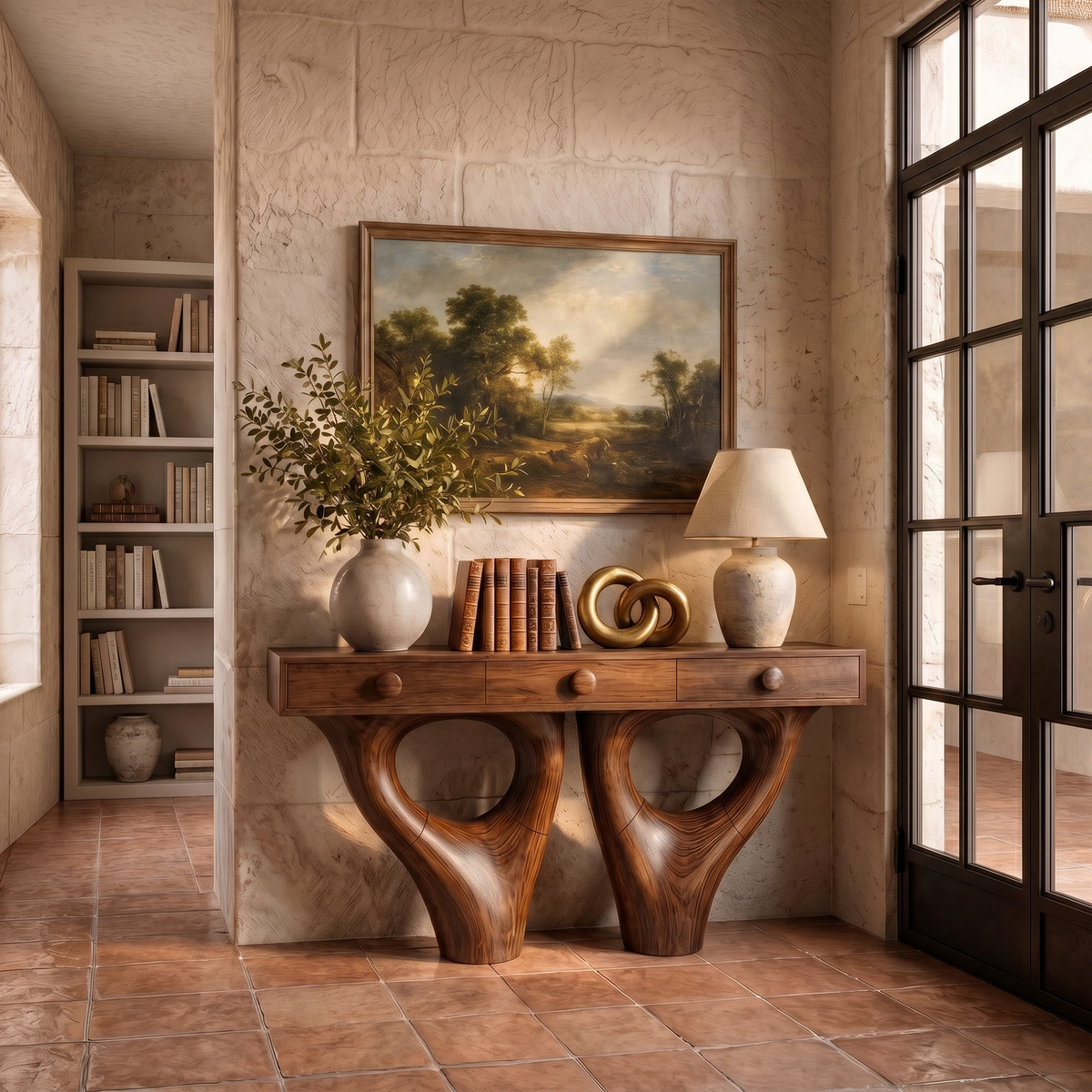 Rustic Console Table With Sculptural Double Pedestal Wood Base And Solid Wood Top For Entryway And Living Room - view 7 of 8