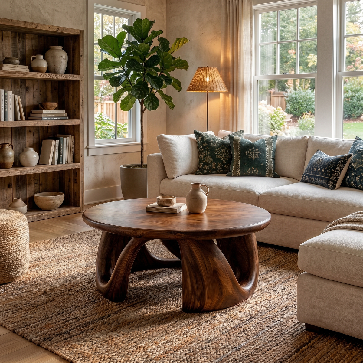 Organic Modern Coffee Table With Round Wood Top And Artistic Curved Base For Living Room - view 7 of 8