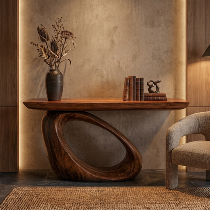 Modern Organic Console Table With Sculptural Loop Pedestal Wood Base For Entryway And Living Room - view 7 of 8