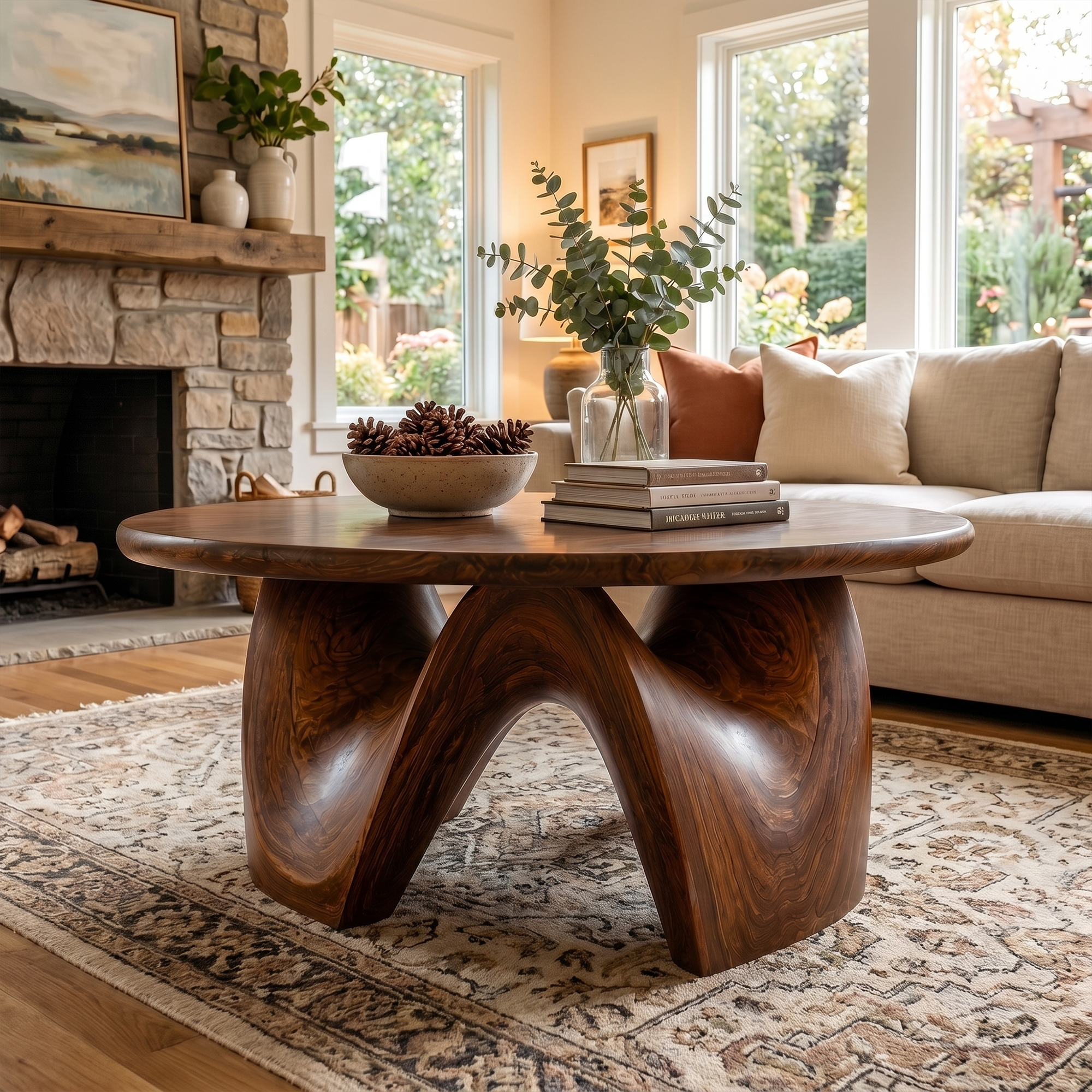 Rustic Coffee Table With Sculptural Solid Wood Base And Round Live Edge Top For Living Room - view 7 of 8