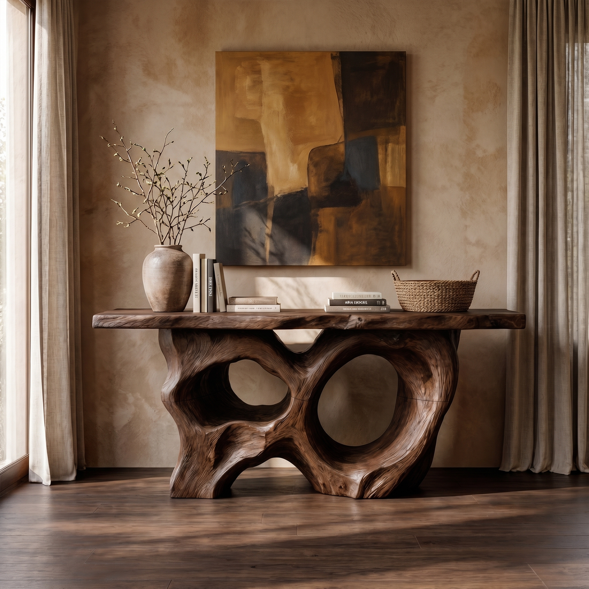 Modern Console Table With Sculptural Asymmetrical Wood Base  For Living Room - view 7 of 8
