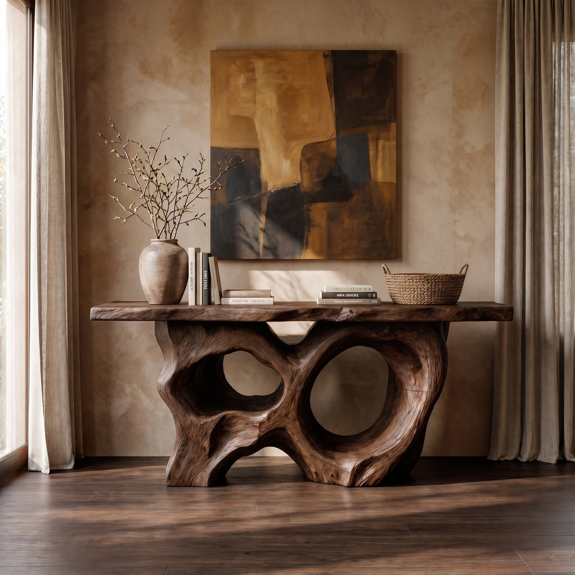 Modern Console Table With Sculptural Asymmetrical Wood Base  For Living Room - view 7 of 8