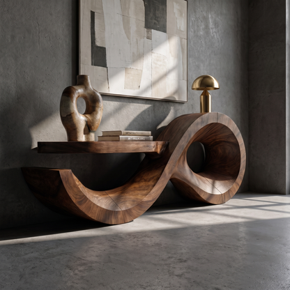 Contemporary Console Table With Sculptural Wave Wood Base And Solid Wood Top For Living Room - view 7 of 8