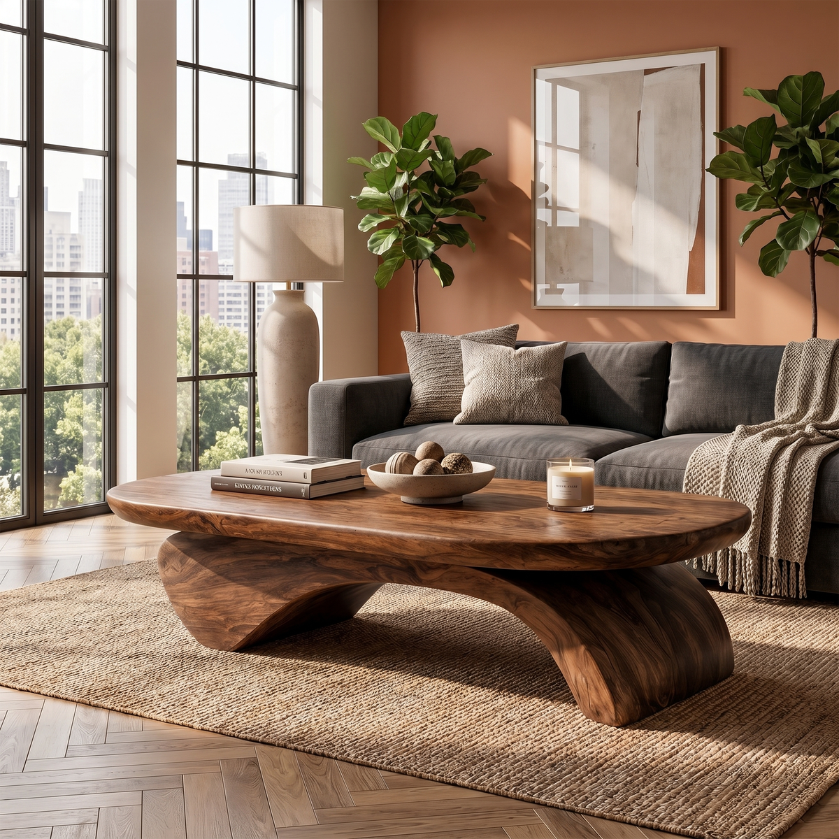 Rustic Live Edge Coffee Table With Artistic Curved Wood Pedestal For Living Room - view 7 of 8