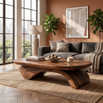 Rustic Live Edge Coffee Table With Artistic Curved Wood Pedestal For Living Room - view 7 of 8