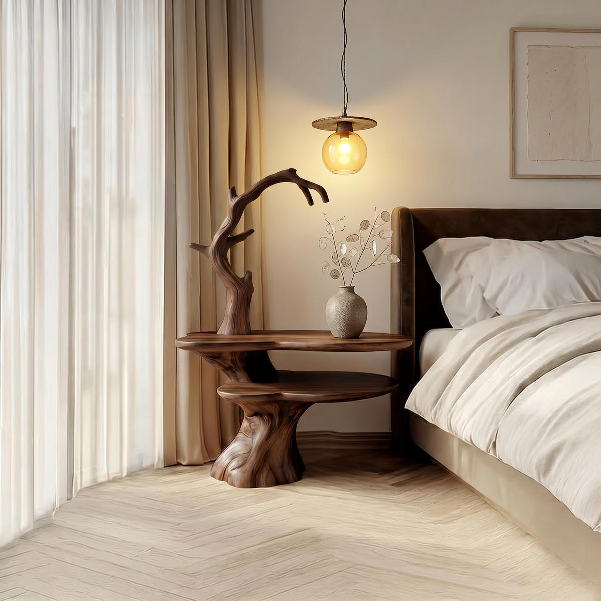 Natural Bedside Table With Floral Lamp And Tree Branch Form For Bedroom And Guest Room - view 7 of 8