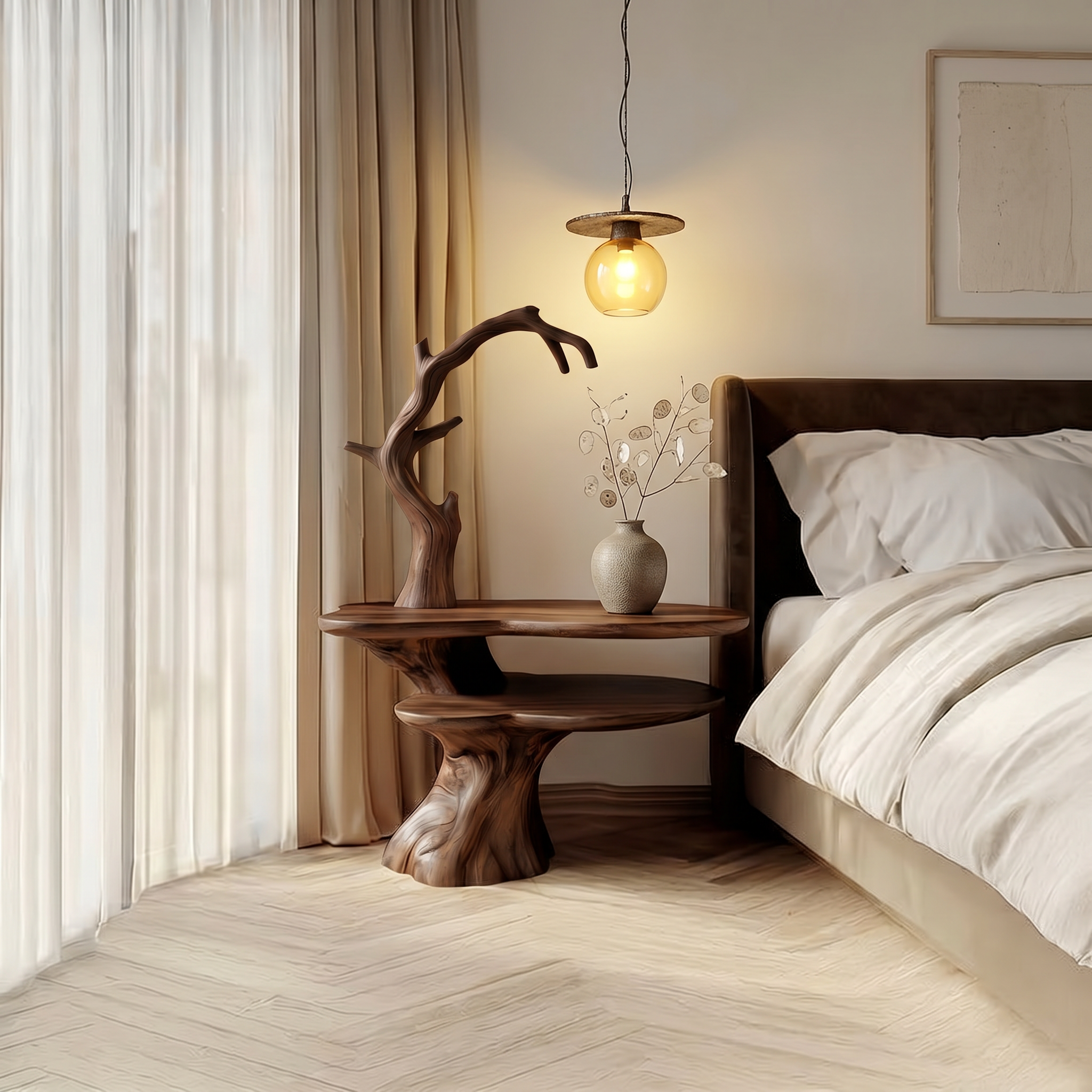 Natural Bedside Table With Floral Lamp And Tree Branch Form For Bedroom And Guest Room - view 7 of 8