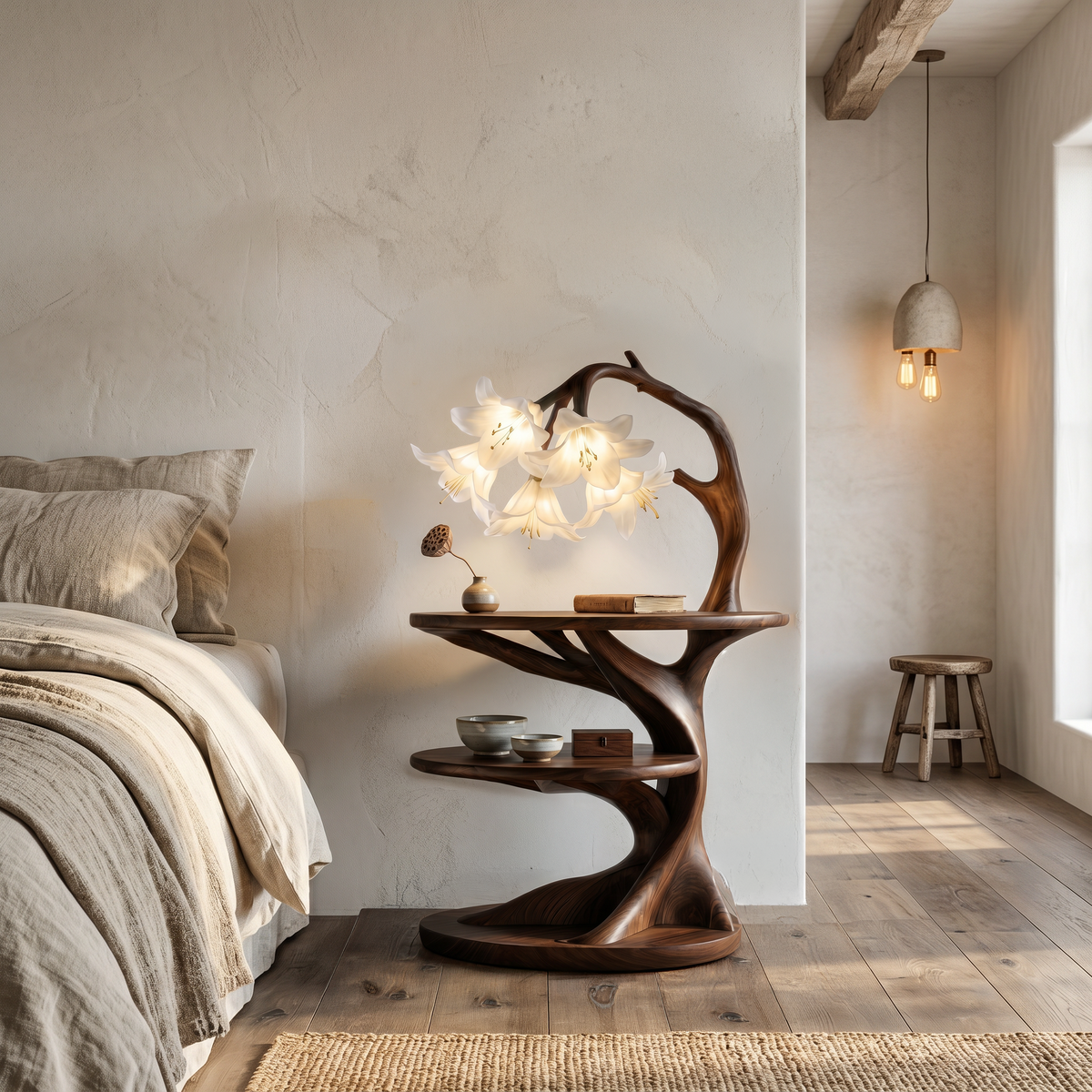Rustic Side Table With Flower Shade Lamp For Bedroom And Living Room - view 7 of 8