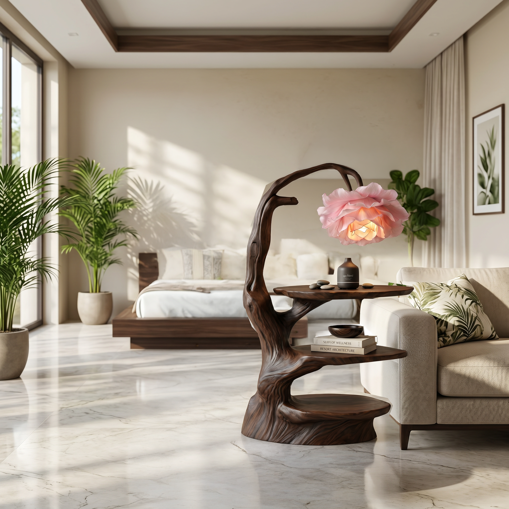 Natural End Table With Tree Branch Form And Flower Lamp For Bedroom And Reading Nook - view 7 of 8