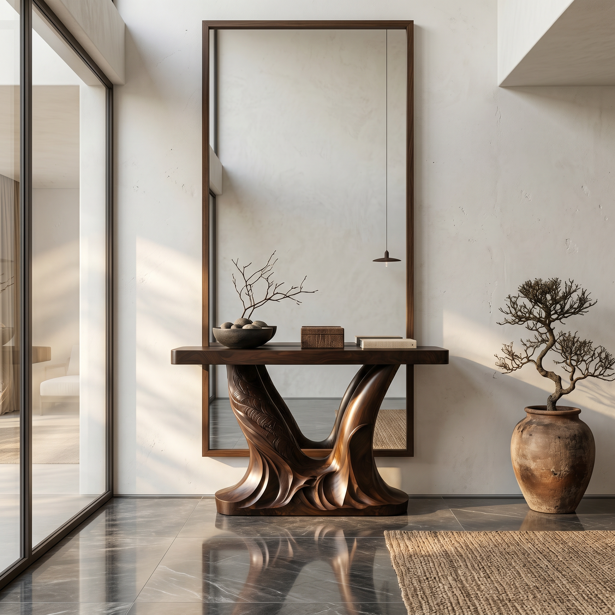 Organic Console Table With Sculptural Double Pedestal Base For Entryway - view 7 of 8
