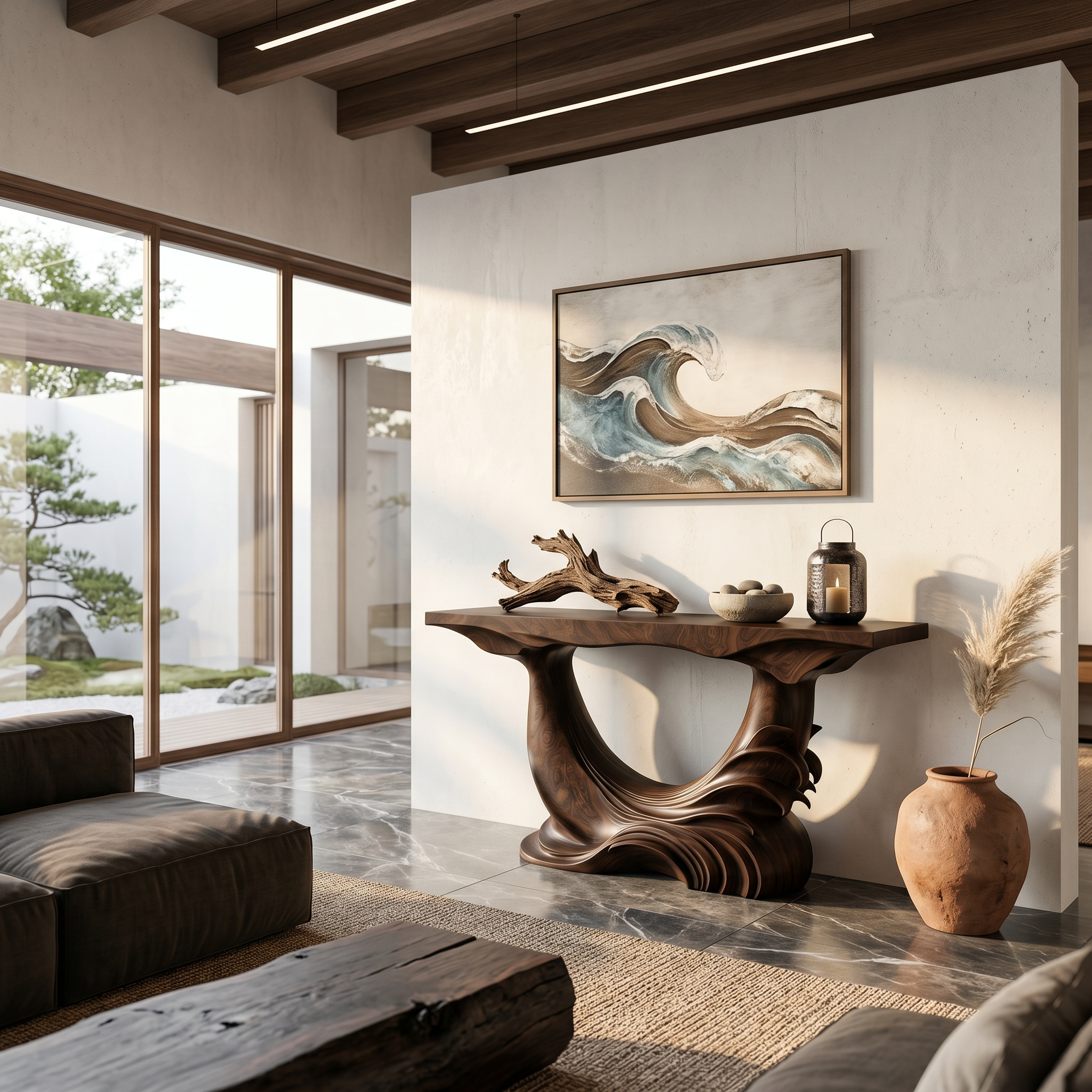 Natural Console Table With Flowing Wood Sculpture For Hallway - view 7 of 8