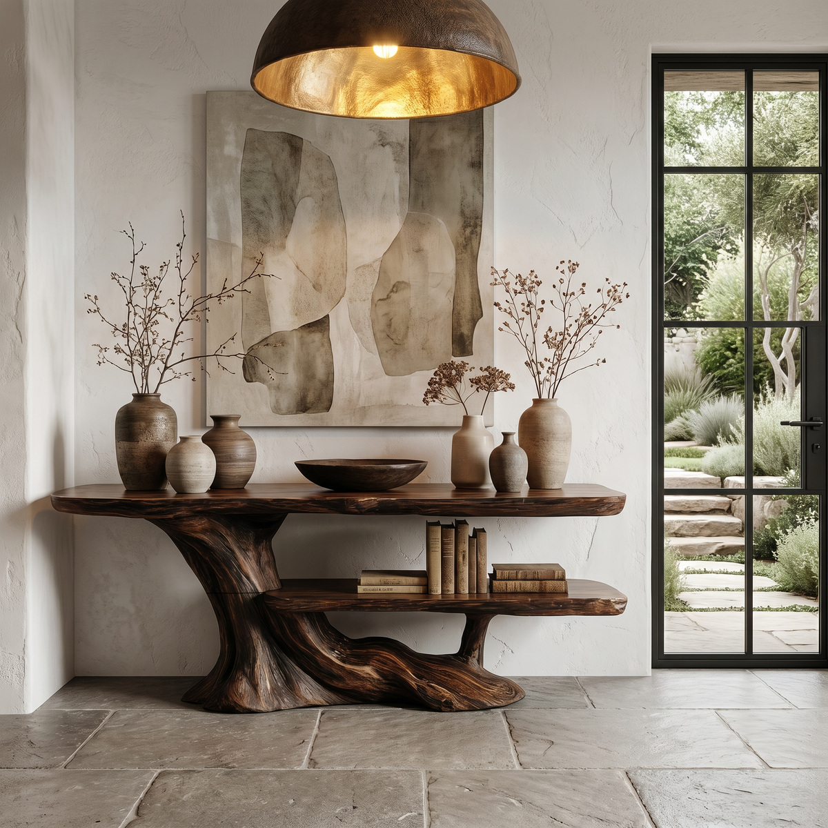 Rustic Console Table With Handcrafted Tree Root Base And Tiered Shelves For Entryway - view 7 of 8