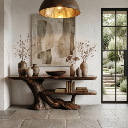 Rustic Console Table With Handcrafted Tree Root Base And Tiered Shelves For Entryway - view 7 of 8