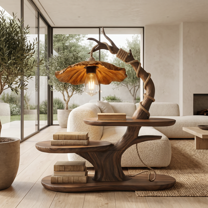 Sculptural Beside Table With Tree Branch Lamp And Open Storage Shelves For Living Room - view 7 of 8