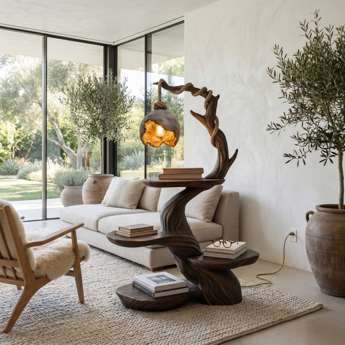 Nature Inspired Beside Table With Sculptural Tree Form And Ambient Lamp For Living Room - view 7 of 8