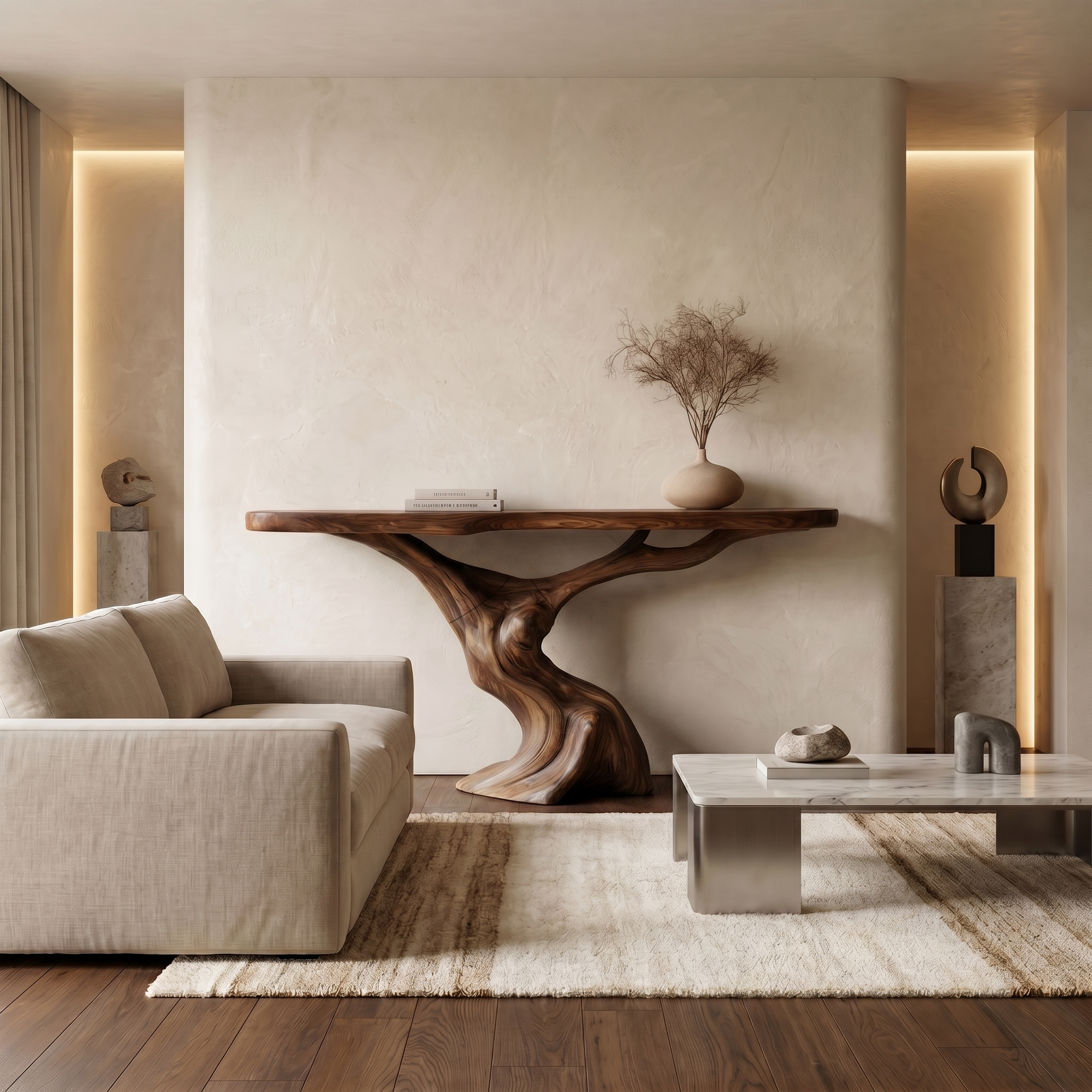 Rustic Organic Console Table With Unique Sculptural Tree Inspired Wood Base For Entryway And Living Room - view 7 of 8