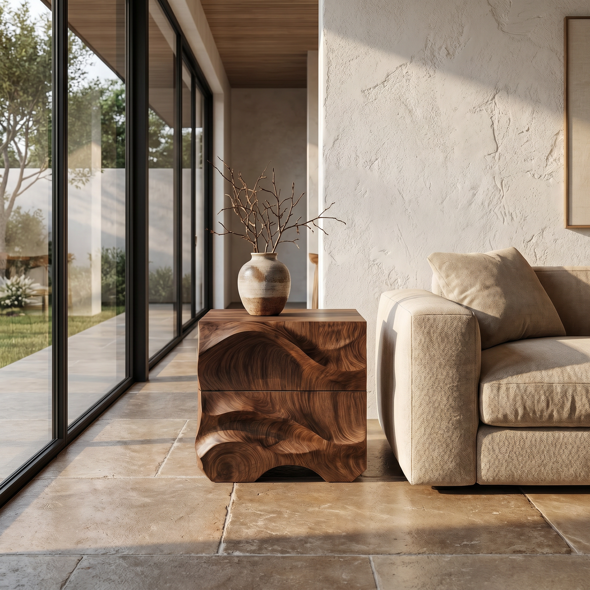 Rustic Sculptural Side Table With Hand Carved Solid Wood Base For Living Room And Bedroom - view 7 of 8
