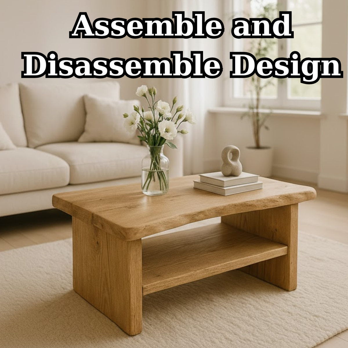 Handcrafted Solid Oak Coffee Table - Live Edge, Rustic Modern with Open Shelf - view 6 of 6