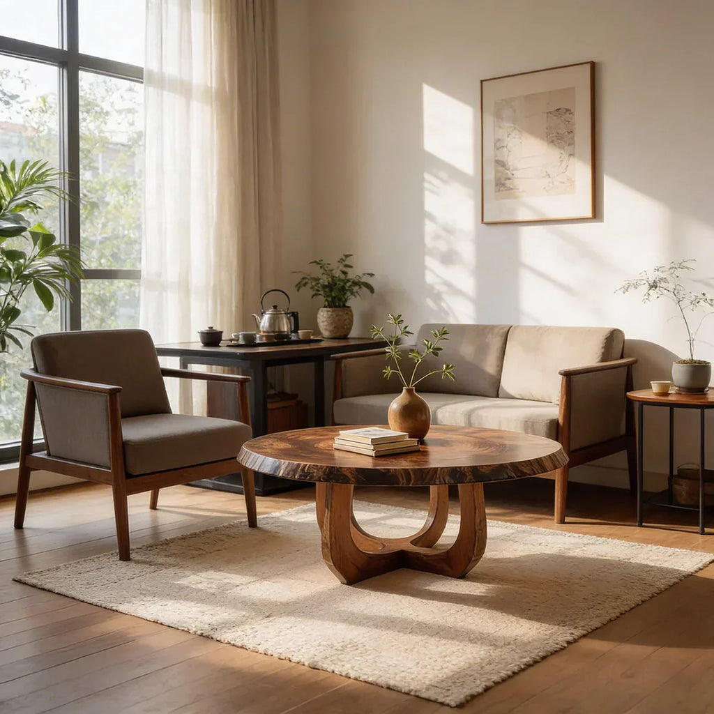 Round Natural Wood Coffee Table with Curved Open Sculptural Base - view 3 of 7
