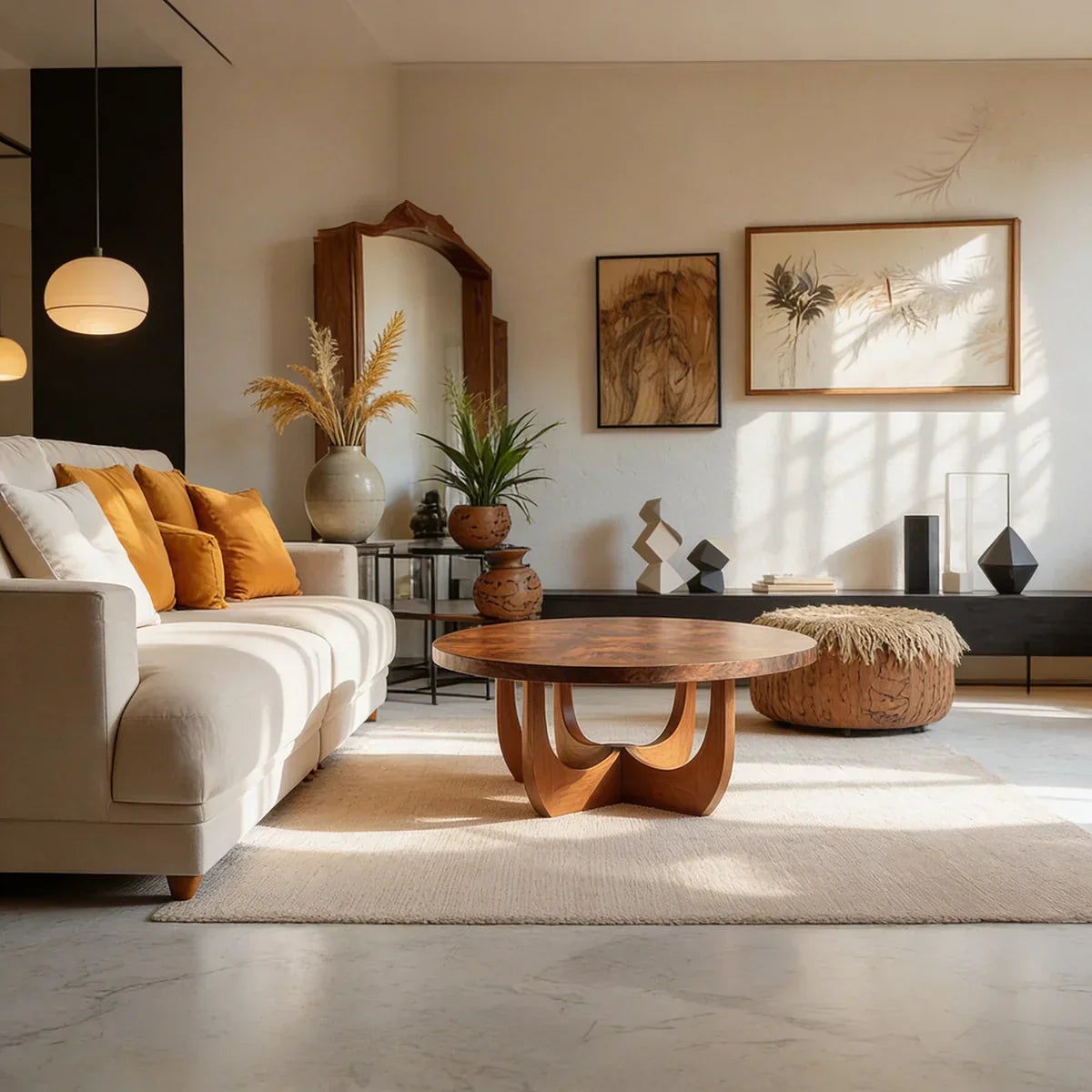 Round Natural Wood Coffee Table with Sculptural Curved Base - view 3 of 6