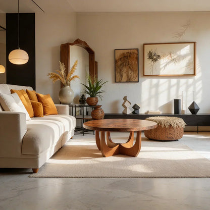 Round Natural Wood Coffee Table with Sculptural Curved Base - view 3 of 6
