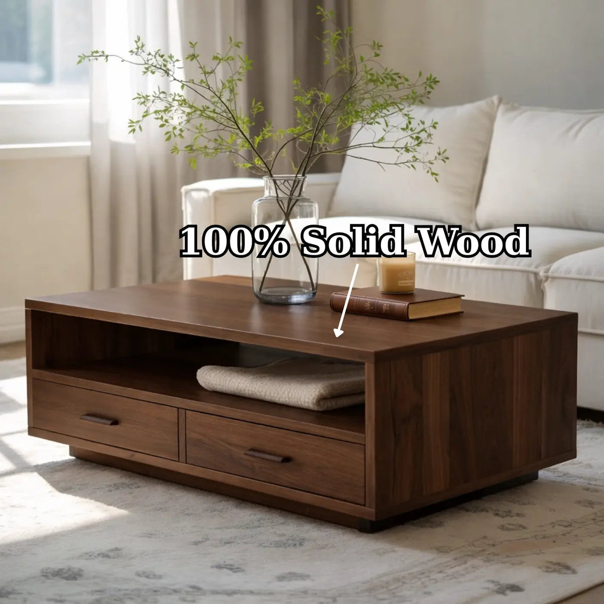 Solid Wood Coffee Table with Storage Drawers, Modern Design for Living Room - view 9 of 9
