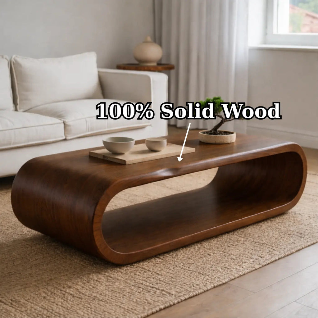 Sculptural Walnut Coffee Table with Curved Design and Open Shelf, Modern Living Room Decor - view 9 of 9