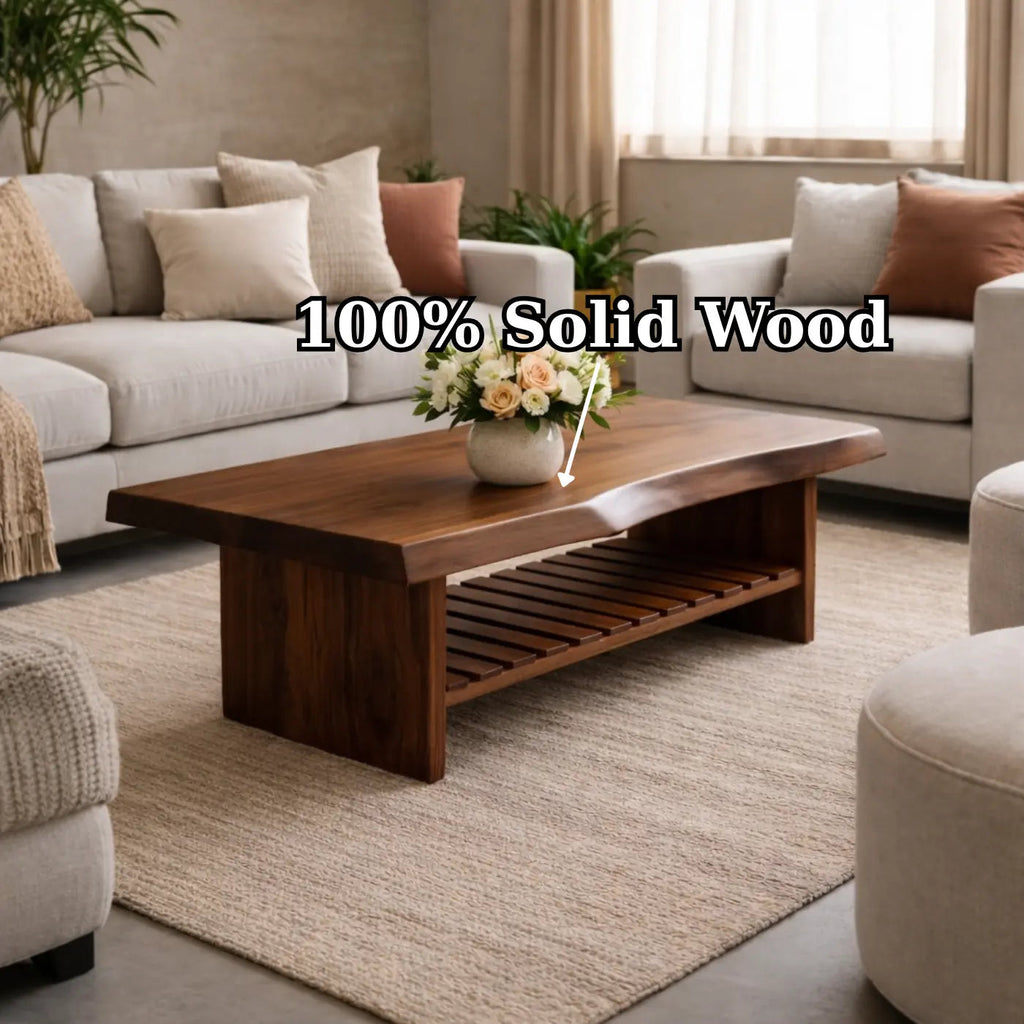 Live Edge Walnut Coffee Table with Slatted Shelf, Natural Modern Design for Living Room - view 9 of 9