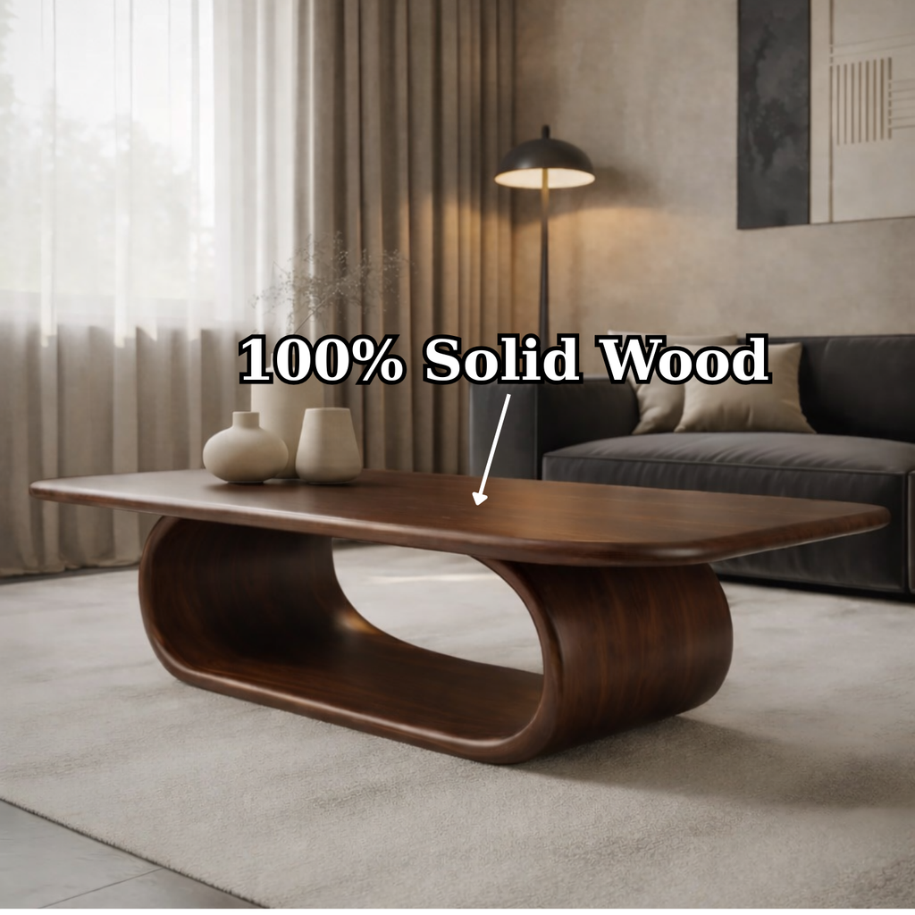 Sculptural Walnut Coffee Table with Curved Design and Open Shelf, Modern Living Room Décor - view 9 of 9