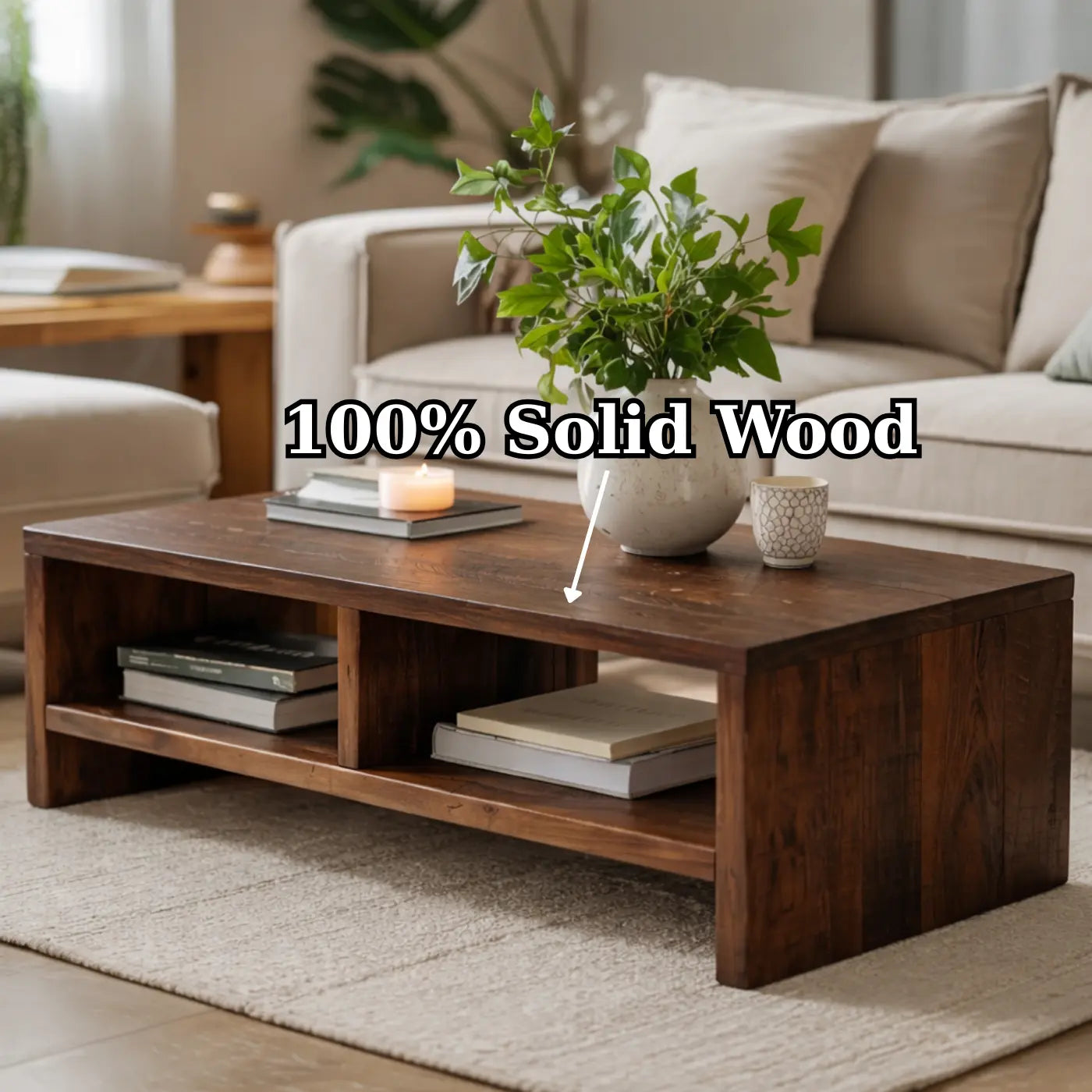 Solid Wood Coffee Table with Open Storage, Rustic Design for Living Room and Décor - view 9 of 9