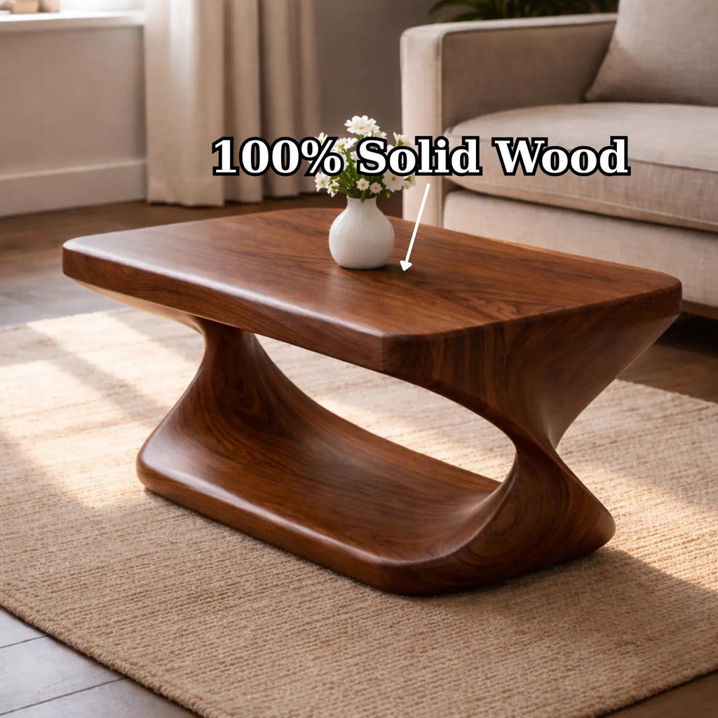 Modern Solid Wood Coffee Table with Sculptural Curved Base and Rectangular Wood Top - view 9 of 9